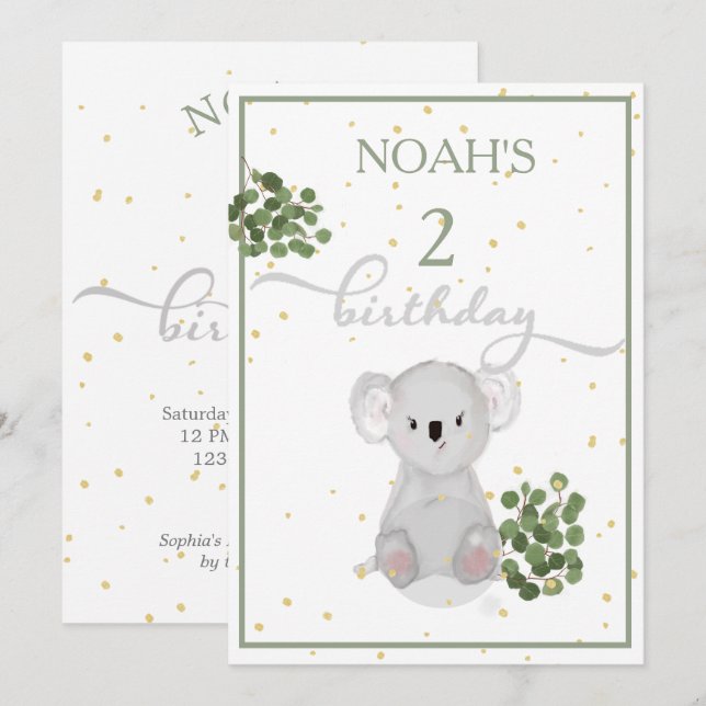 Invitación Cumpleaños Cute Koala Green deja oro (Anverso / Reverso)
