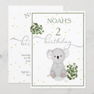 Invitación Cumpleaños Cute Koala Green deja oro