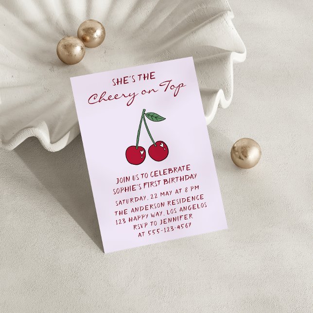 Invitación Cumpleaños Cute Purple Cherry on Top Primero (Subido por el creador)