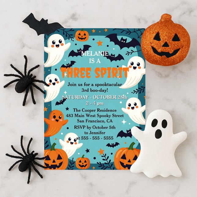 Invitación Cumpleaños Cute Teal Spooky Ghost Tres Espíritus 3 (Subido por el creador)