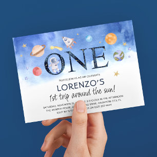 Invitación Cumpleaños Cute Watercolor Espacio Exterior Niño 1