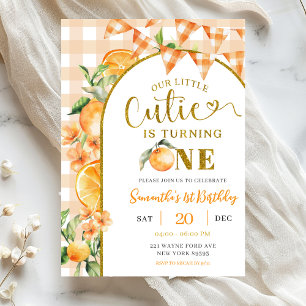Invitación Cumpleaños Cutie Orange Gingham 1