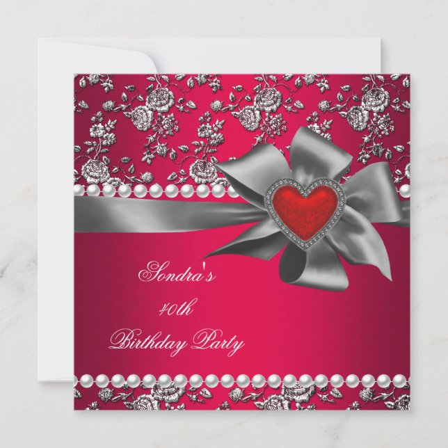 Invitación Cumpleaños Damask Rojo Plateado Blanco Perla (Anverso)