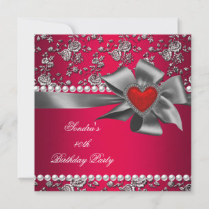 Invitación Cumpleaños Damask Rojo Plateado Blanco Perla
