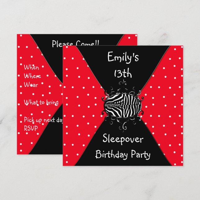 Invitación Cumpleaños de 13 años con pijamada Red Black White (Anverso / Reverso)