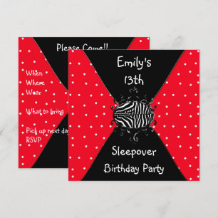 Invitación Cumpleaños de 13 años con pijamada Red Black White