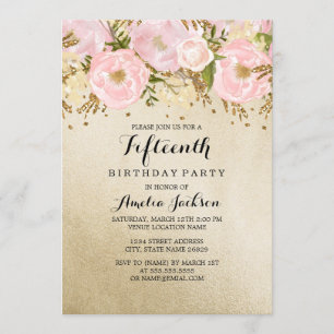 Invitación Cumpleaños de 15 años Pretty Blush Gold Pink Flora
