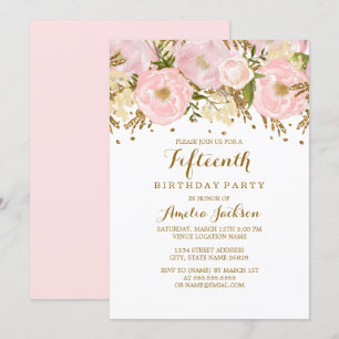 Invitación Cumpleaños de 15 años Pretty Blush Pink Gold Flora