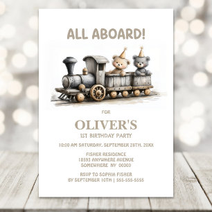 Invitación Cumpleaños de 1 año con tren de madera rústica y o
