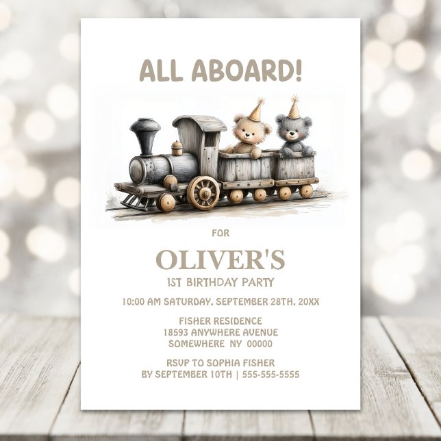 Invitación Cumpleaños de 1 año con tren de madera rústica y o (Subido por el creador)