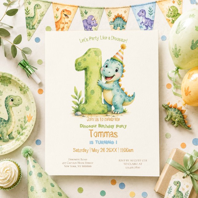 Invitación Cumpleaños de 1er año con tema de dinosaurio lindo (Subido por el creador)