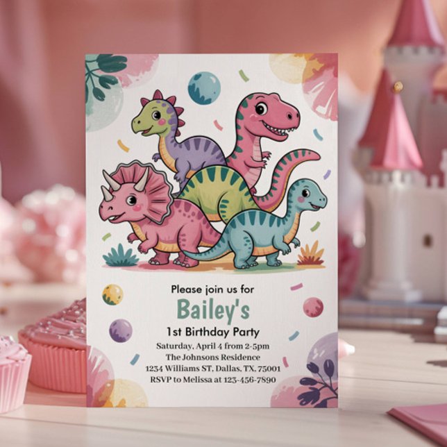Invitación Cumpleaños de 1er año de niños dinosaurio rosa lin (Subido por el creador)