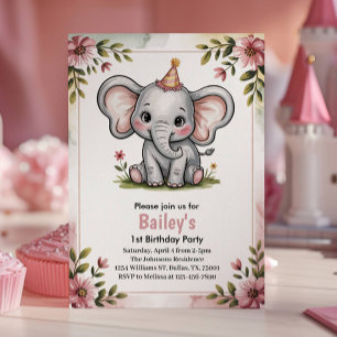 Invitación Cumpleaños de 1er año del Elefante Rosa Lindo de l