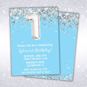 Invitación Cumpleaños de 1er año Light Blue Silver