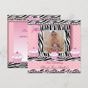 Invitación Cumpleaños de 1er año niña magdalenas rosadas cebr