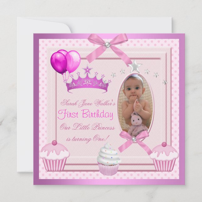 Invitación Cumpleaños de 1er Cumpleaños Niña Cupcakes Rosados (Anverso)