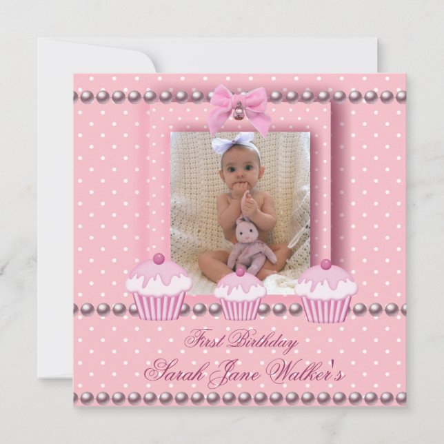 Invitación Cumpleaños de 1er Cumpleaños Niña Cupcakes Rosados (Anverso)