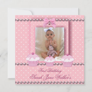 Invitación Cumpleaños de 1er Cumpleaños Niña Cupcakes Rosados