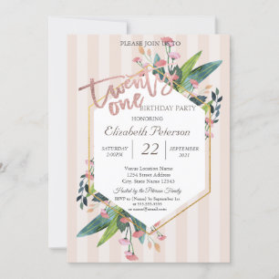 Invitación Cumpleaños de 21 años con marco floral a rayas
