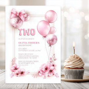 Invitación Cumpleaños de 2 años con flores rosadas y globos
