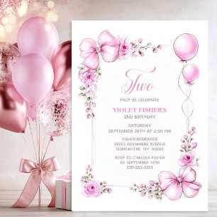Invitación Cumpleaños de 2 años con globos rosados, lazos y f
