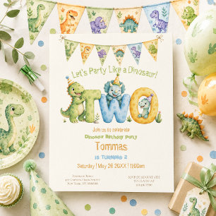 Invitación Cumpleaños de 2 años con tema de dinosaurio lindo