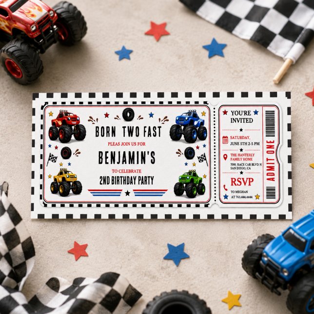 Invitación Cumpleaños de 2 años de Dos Camiones Monstruo Rápi (Born to Grow Two Fast Monster Trucks 2nd Birthday Invitation
)