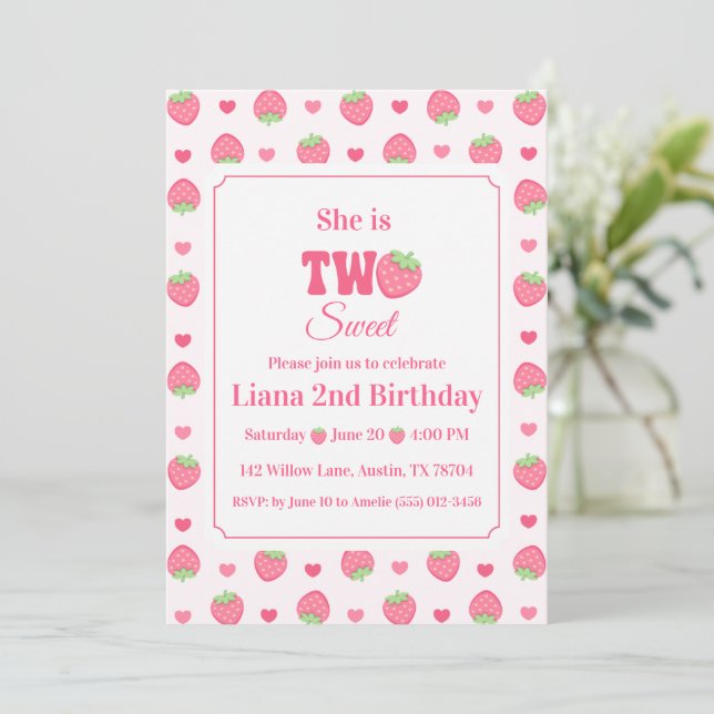 Invitación Cumpleaños de 2 años de Dos Dulces Niñas Fresas Ro (Anverso de pie)