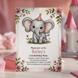 Invitación Cumpleaños de 2 años de Elefante Rosa Lindo para N