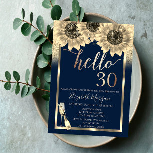 Invitación Cumpleaños de 30 años con purpurina, girasoles y v