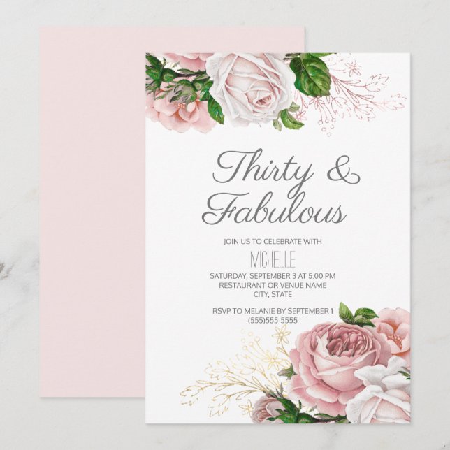 Invitación Cumpleaños de 30 y fabuloso con flores rosadas (Anverso / Reverso)