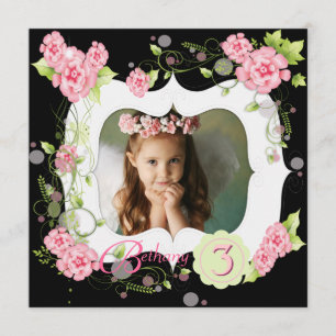 Invitación Cumpleaños de 3 años de niñas Black Pink Rose Girl