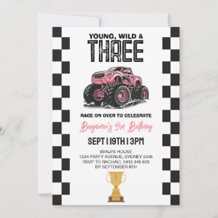Invitación Cumpleaños de 3 años de Pink Girls Monster Truck