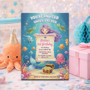 Invitación Cumpleaños de 3 años de sirena bajo el mar rosa