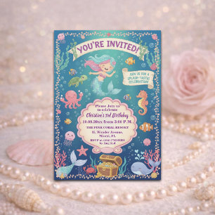 Invitación Cumpleaños de 3 años de sirena bajo el mar rosa