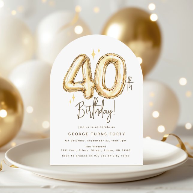 Invitación Cumpleaños de 40 años con globo dorado de moda (Subido por el creador)