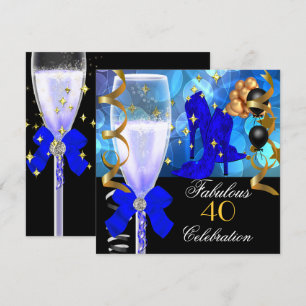 Invitación Cumpleaños de 40 años Fabuloso Azul Real Negro Oro