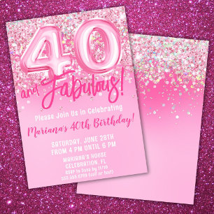Invitación Cumpleaños de 40 y fabuloso con brillo rosa