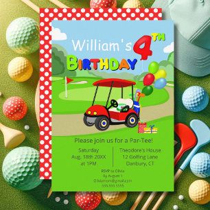 Invitación Cumpleaños de 4 años carrito de golf rojo para niñ