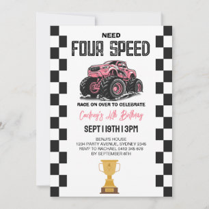 Invitación Cumpleaños de 4 años de Pink Girls Monster Truck