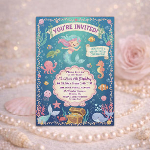 Invitación Cumpleaños de 4 años de sirena bajo el mar rosa