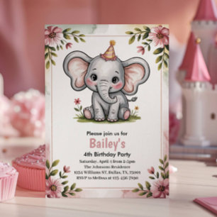Invitación Cumpleaños de 4 años del Elefante Rosa Lindo de lo