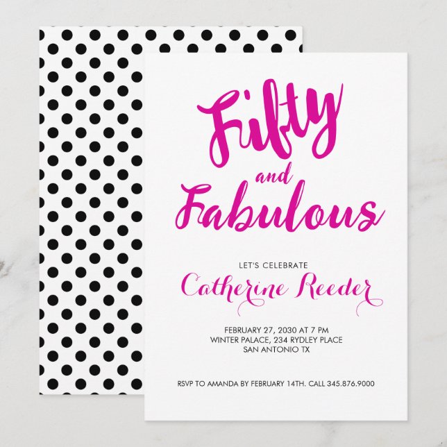 Invitación Cumpleaños de 50 años rosa sonrosado Fifty y Fabul (Anverso / Reverso)