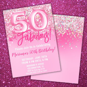 Invitación Cumpleaños de 50 años y fabuloso con brillo rosa