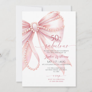 Invitación Cumpleaños de 50 y fabuloso con lazo rosa perla