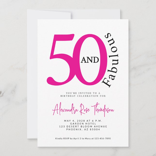 Invitación Cumpleaños de 50 y fabuloso guión rosa Cumpleaños  (Anverso)
