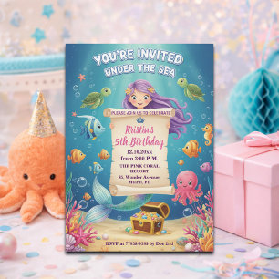 Invitación Cumpleaños de 5 años de sirena bajo el mar rosa