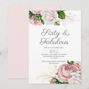 Invitación Cumpleaños de 60 y fabuloso en Rosa Rubor Floral