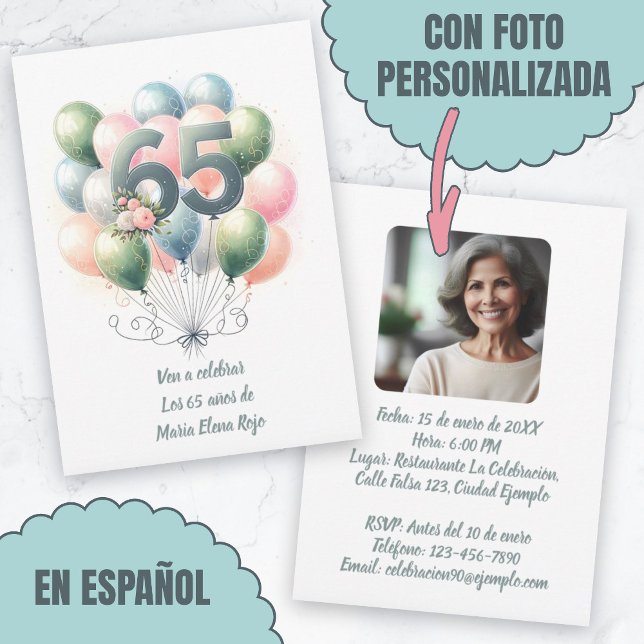 Invitación Cumpleaños de 65 años globos con foto (Cumpleaños de 65 Años Globos Con Foto Invitation.)