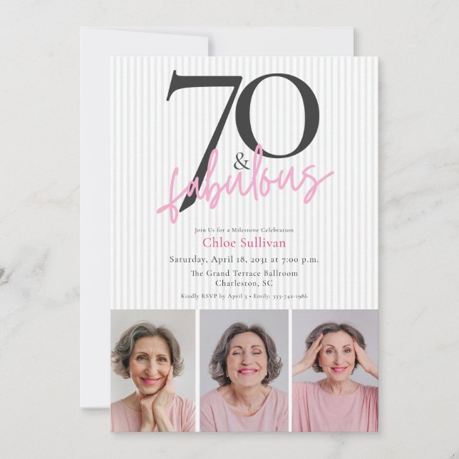 Invitación Cumpleaños de 70 & Fabuloso Rosa Script 3 Fotos Fi (Anverso)